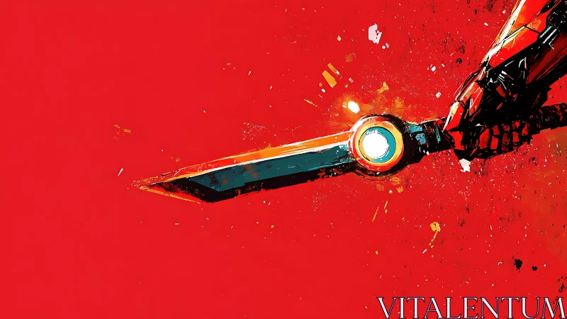 Bold robotic sword arm cuts across vivid red energy field