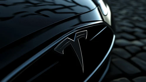 Close-up glossy EV grille emblem on wet cobblestone street. Period.