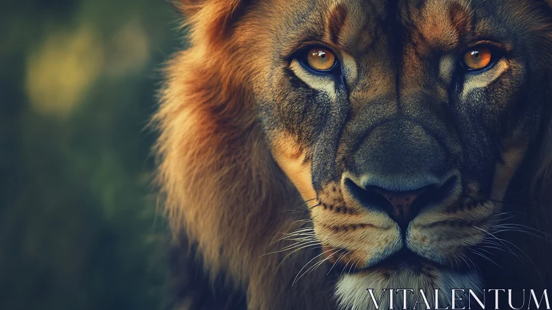 Male lion portrait isolates intense amber gaze in shallow focus
