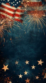 Firelit flag and vintage stars blaze across midnight sky.