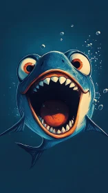 Wide eyed cartoon shark lunges upward with gleeful menace