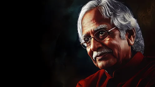 Elderly man portrait with glasses on dark background.