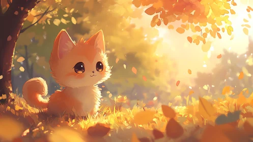 Illustrated small foxlike creature sits in backlit autumn field