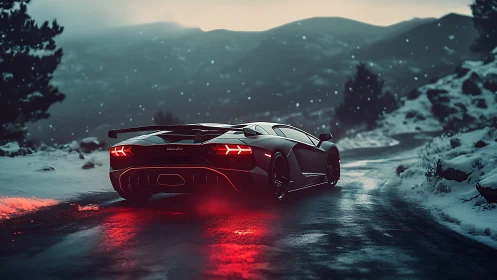 Sports car on snowy mountain road at dusk with red lights.