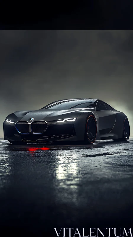 Sleek black BMW concept car on wet night street scene.