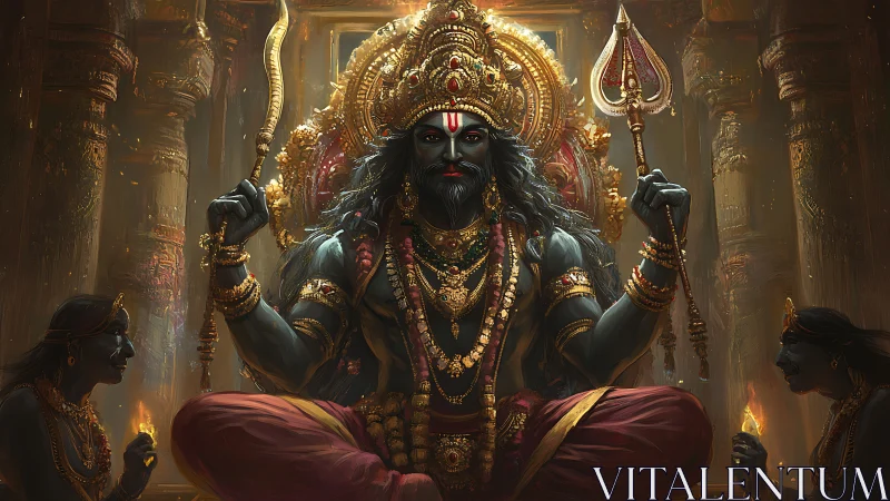 Seated deity figure with trident in ornate temple interior.