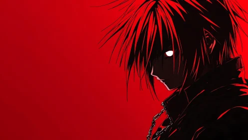 Red-lit anime antihero emerges from darkness in profile.