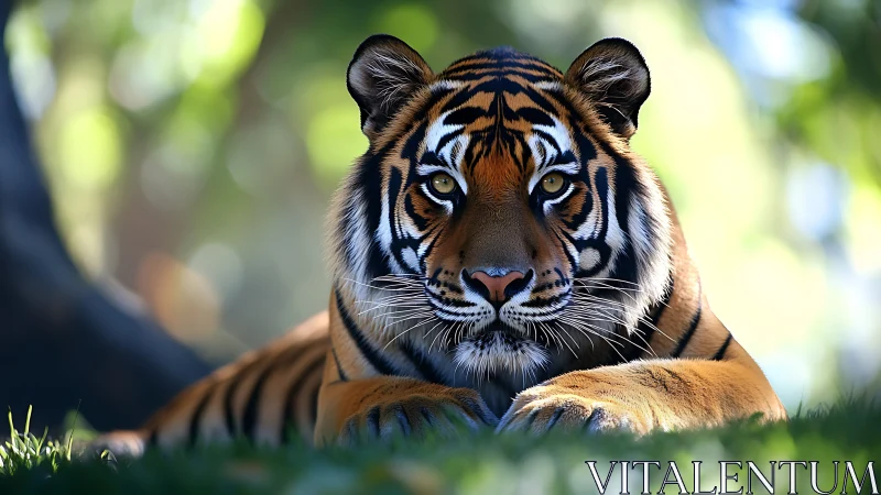 Resting tiger gazes forward under soft forest daylight