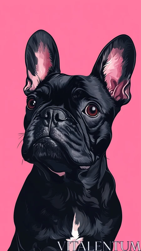 Black French bulldog portrait on plain pink background.