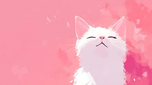 Serene White Cat with Closed Eyes Against Pink Background.