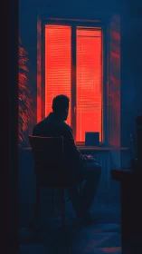 Cinematic digital painting of man in chair facing neon window.