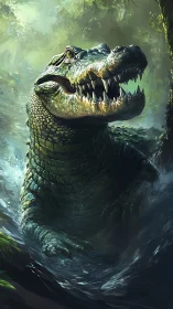 Digital painting of predatory crocodile emerging from river gorge.