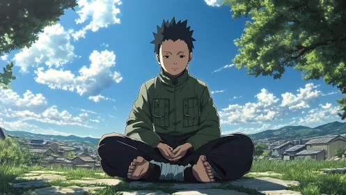 Boy sits cross‑legged on hillside above town under clear sky