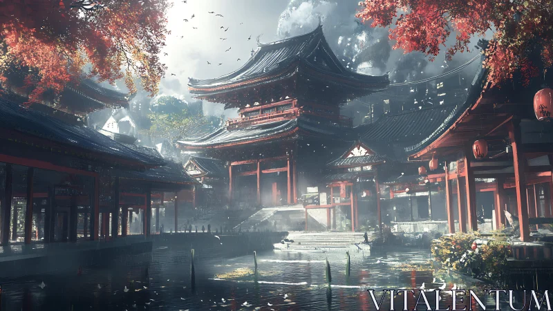 Mist-cloaked temple harbor under ember-tipped autumn boughs.