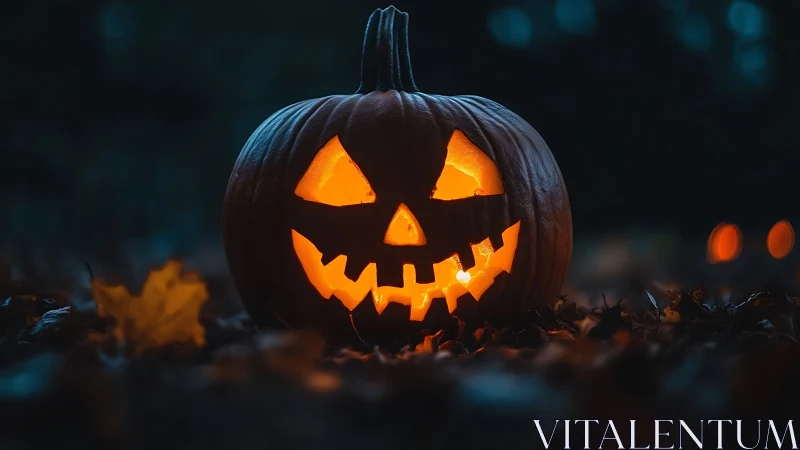 Glowing jack o lantern smiles warmly in the autumn night