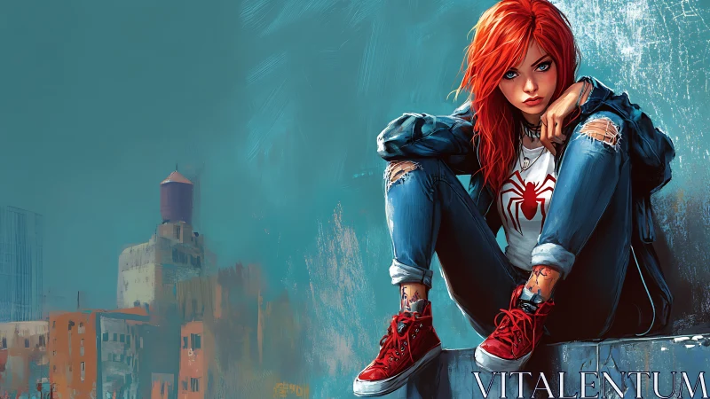 Rebellious redhead resting above the colorful city streets.