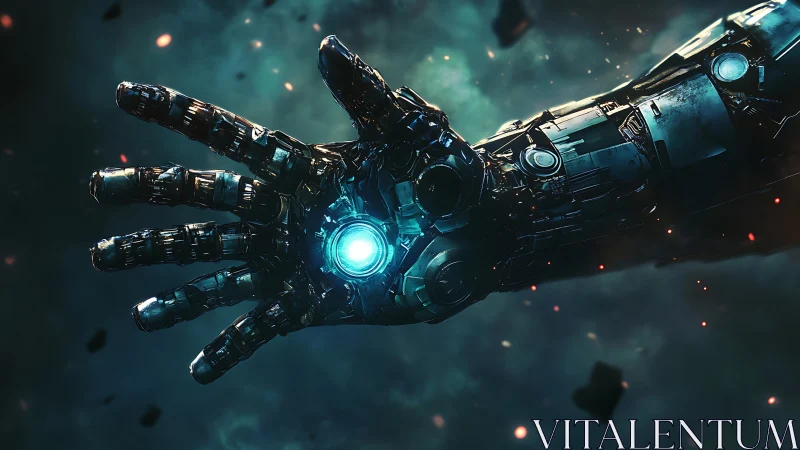 Articulated cybernetic arm projects energized plasma core in void