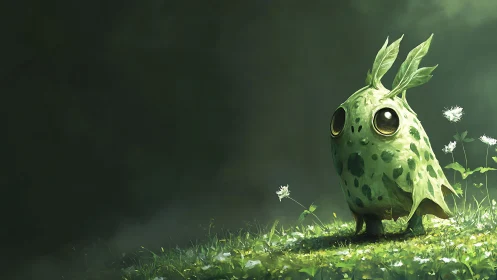 Leafy forest sprite gazes at dandelions in emerald hush.