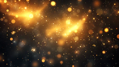 Golden light particles drift across deep black background