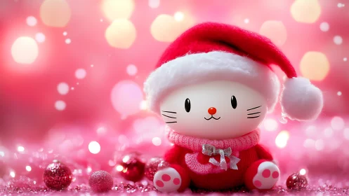 Cartoon cat toy wears Santa hat amid pink holiday lights