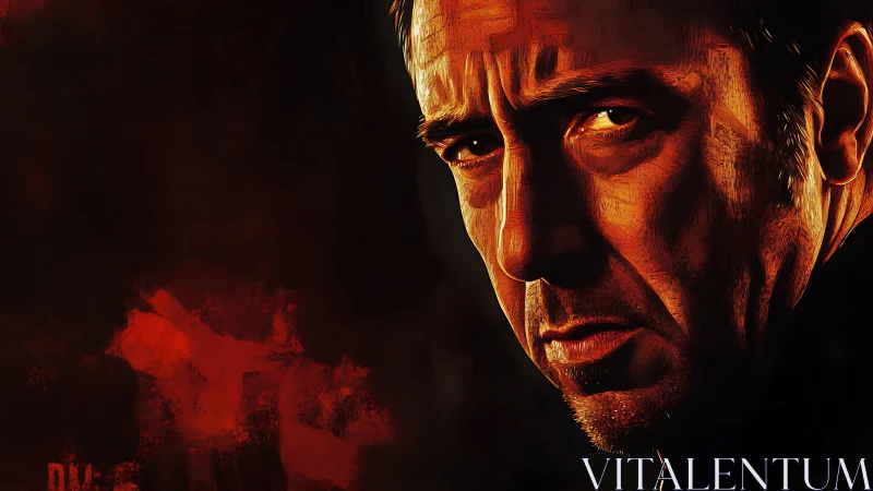 Brooding portrait in fiery light with a quietly intense gaze.