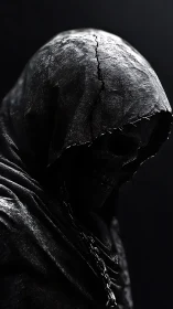 Specular hooded skull effigy in high contrast chiaroscuro.
