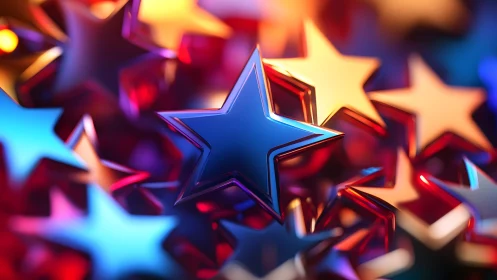 Vibrant 3D Stars with Colorful Reflections in Abstract Style.