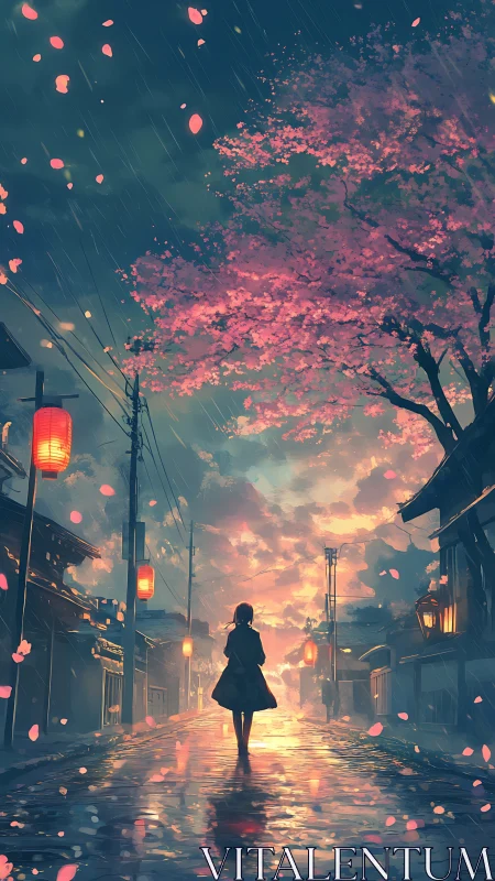Silhouette on rainy street under glowing cherry blossoms.