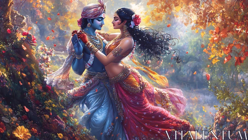 Two figures in ornate costumes amid flowering garden with golden light effects.