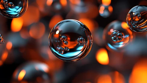 Luminous chrome spheres with orange bokeh refractions in motion.