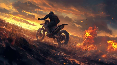 Lone rider on dirt bike racing through fiery sunset storm.