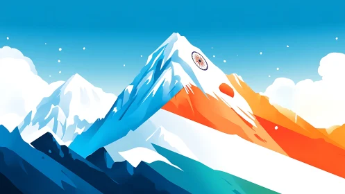 Tri-color Himalayan summit illustration with emblematic crest.