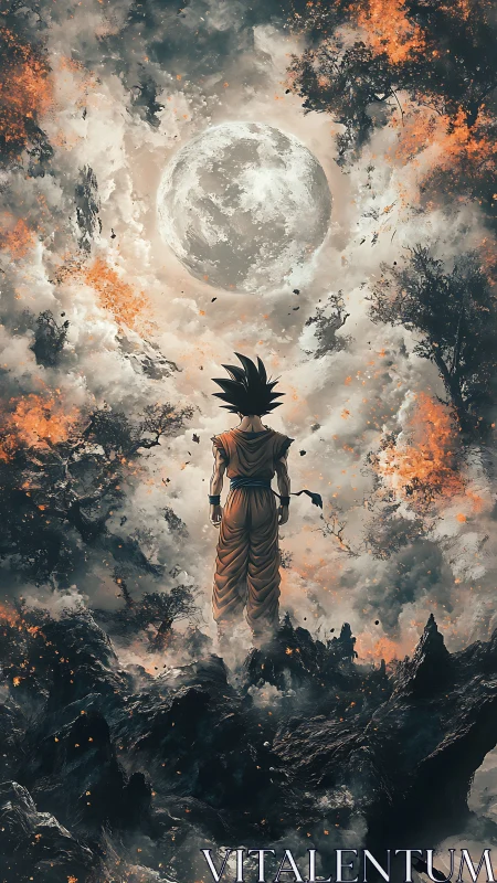 Lone warrior under burning skies facing full moon.