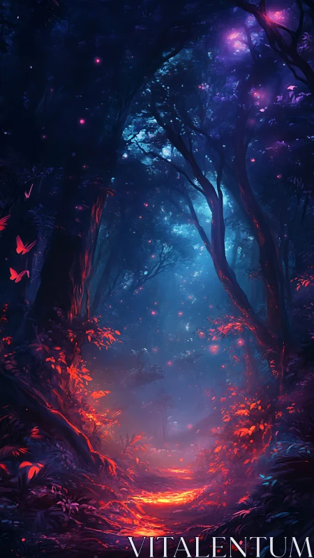 Glowing red forest trail under deep blue enchanted canopy.