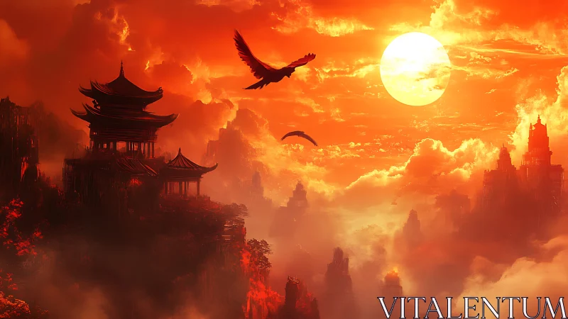 Fiery temple peaks under blazing fantasy sunset sky.