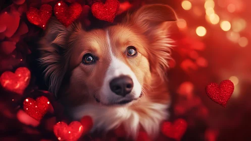Dog portrait framed by red hearts and warm bokeh lights.