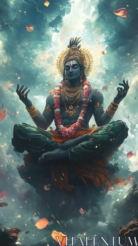 Celestial blue-skinned deity levitating amid swirling cloudscape