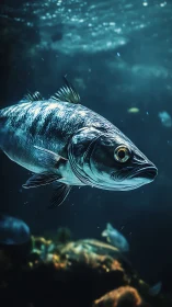 Solitary silver fish in deep blue aquatic environment.