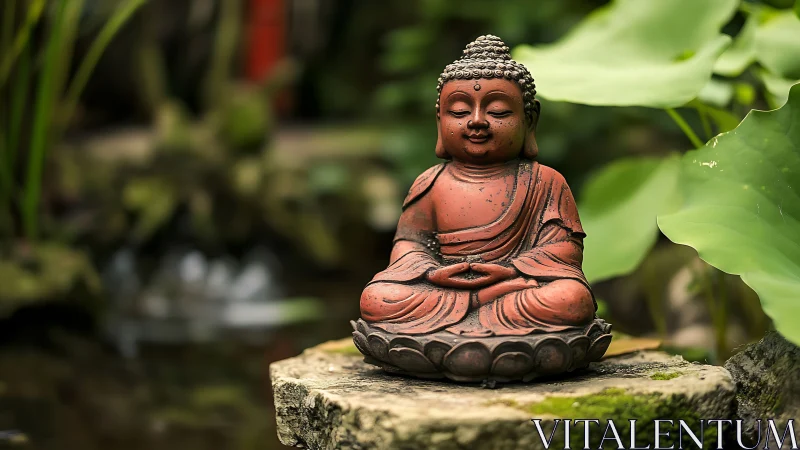 Serene Buddha statue rests in a lush green garden sanctuary