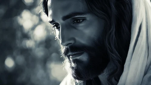 Bearded man in robe rendered in close-up contemplative profile