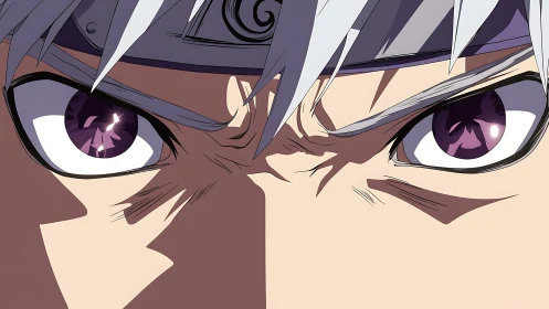 Intense anime closeup with focused violet warrior gaze.