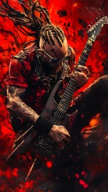 Fiery metal guitarist shreds amid explosive red stage energy