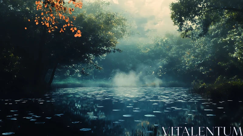 Misty forest pond lies beneath glowing morning canopy.