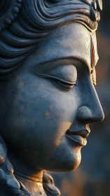 Serene stone deity profile glows in warm evening light