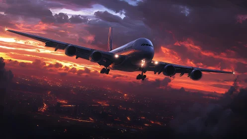 Jetliner descends through blazing sunset skies above city.