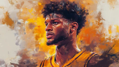 Basketball player portrait stands in vivid abstract orange haze