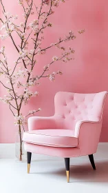 Pink armchair sits by blossoming branch in soft pastel room.