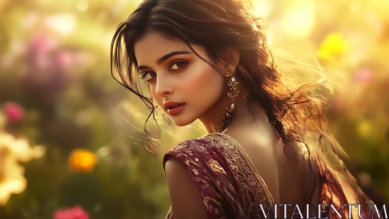 Elegant woman in traditional attire in dreamy golden sunlight.