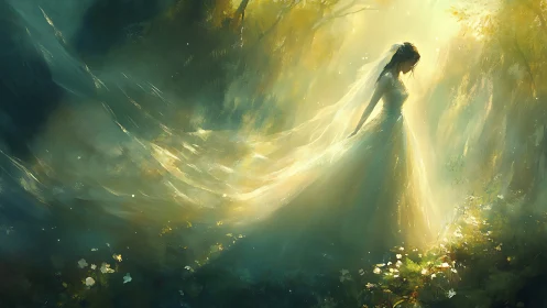 Enchanted bride stands in glowing forest light of dawn