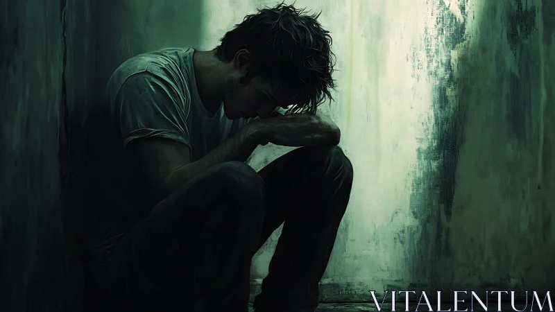 Solitary male figure seated against textured green wall.